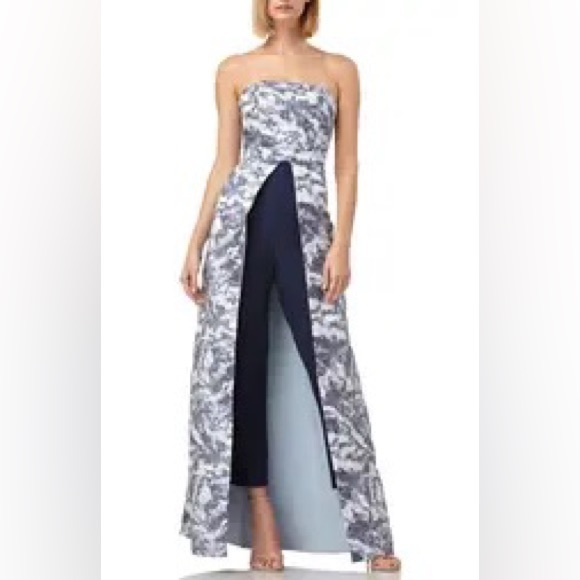 Kay Unger Pants - Kay Unger Floral Jacquard Strapless Maxi Romper